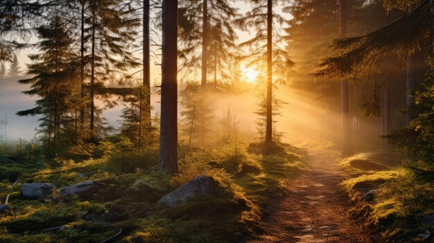 Un hermoso amanecer en un bosque de pinos brumoso