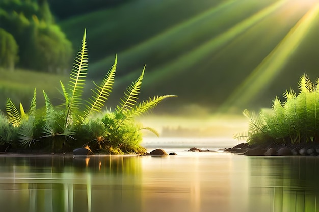 Un hermoso amanecer con helechos verdes en la orilla de un río