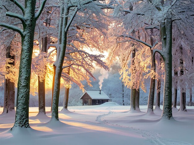 hermoso amanecer de invierno en el bosque de haya