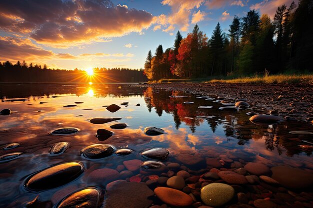 hermoso amanecer naranja en la naturaleza majestuosas montañas y lagos mar o océano fresco paisaje de la mañana temprano AI generativo