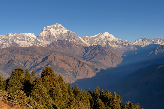 Hermoso amanecer nublado en las montañas con canto nevado desde el punto de vista del Himalaya, Pokhara Nepal