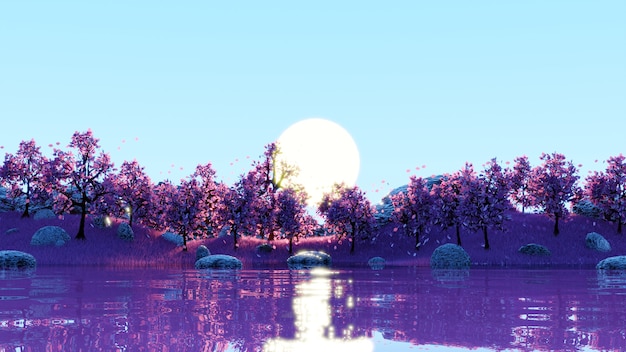 Hermoso amanecer paisaje lago reflejo con árboles rosados y pastos rosados en 3D Render