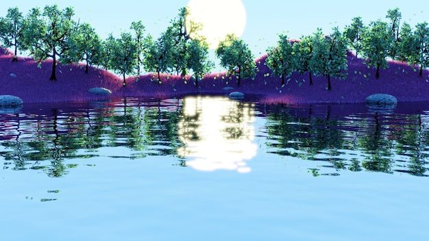 Hermoso amanecer paisaje lago reflejo con árboles verdes y pastos rosas en 3D Render