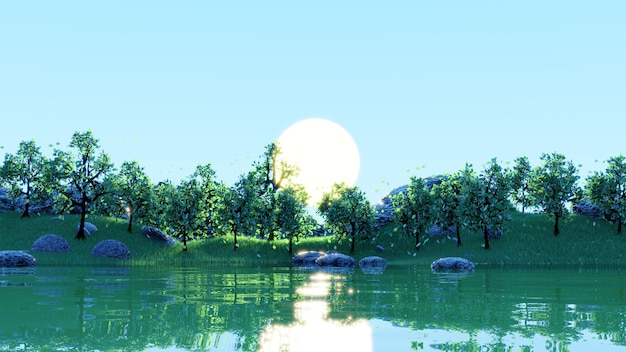 Hermoso amanecer paisaje lago reflejo con árboles verdes y pastos verdes en 3D Render