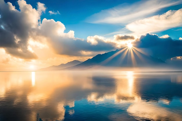 Un hermoso amanecer sobre un lago con montañas al fondo