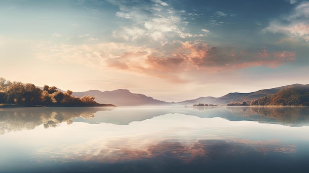 un hermoso amanecer sobre un lago con montañas y nubes en el fondo.