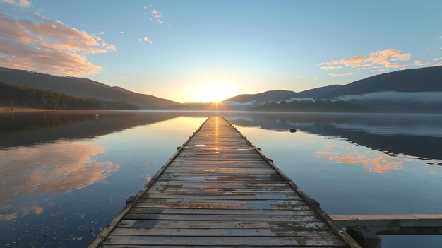 Foto un hermoso amanecer sobre un lago tranquilo el largo muelle que conduce al agua es un lugar popular para pescar y disfrutar del paisaje