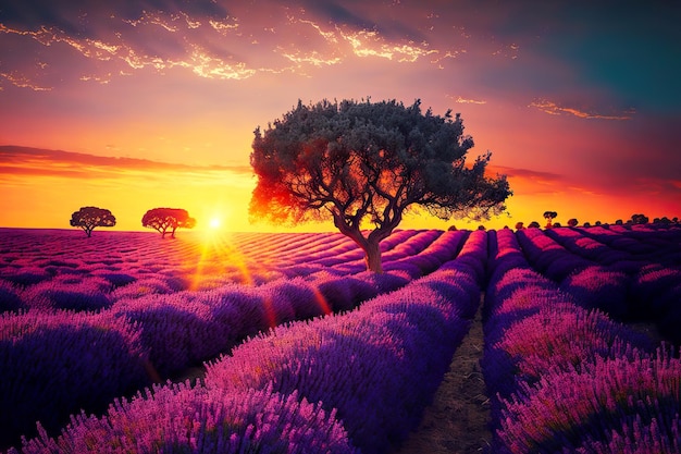 Hermoso amanecer sobre un vasto campo de lavanda en flor