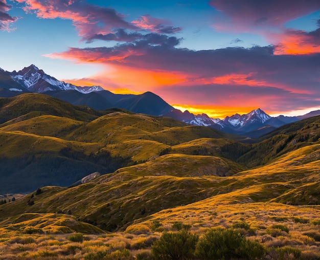 Hermoso amanecer en el valle de la montaña hermosa puesta de sol en las montañas