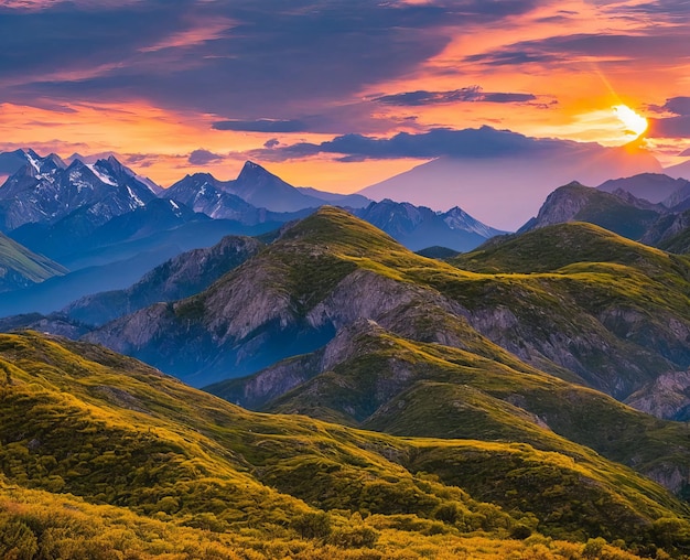 Hermoso amanecer en el valle de la montaña hermosa puesta de sol en las montañas