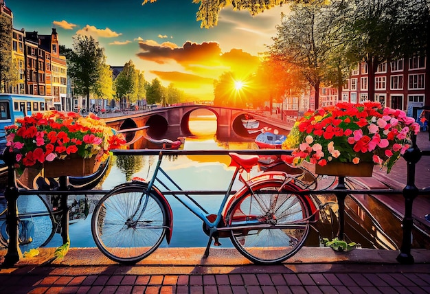 Hermoso amanecer de verano en los famosos canales del patrimonio mundial de la UNESCO de Amsterdam Generate Ai