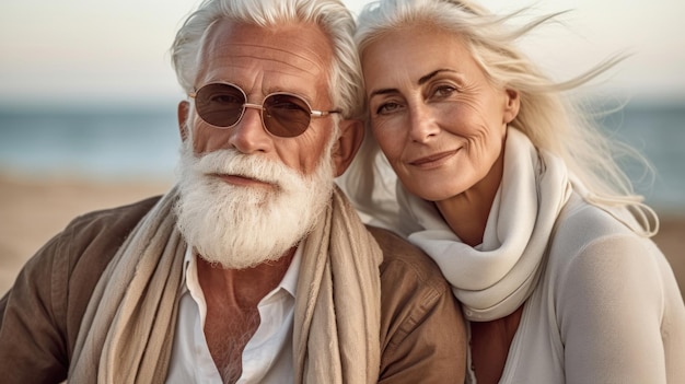 Hermoso anciano y mujer posando juntos en la playa