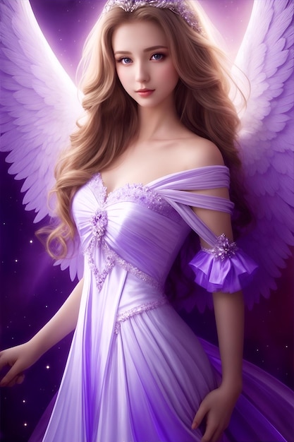 Un hermoso ángel con un vestido morado.