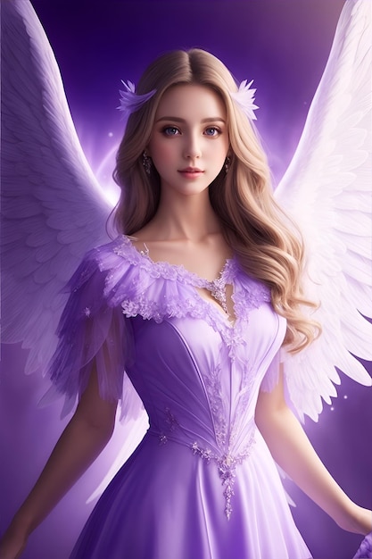 Un hermoso ángel con un vestido morado.