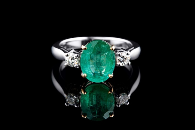 Hermoso anillo hecho de oro con piedras preciosas esmeralda y diamantes sobre un fondo negro