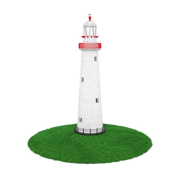 Hermoso y antiguo faro sobre un pedazo de tierra de hierba sobre un fondo blanco. Representación 3D