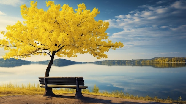 un hermoso árbol amarillo en el borde de un río sereno