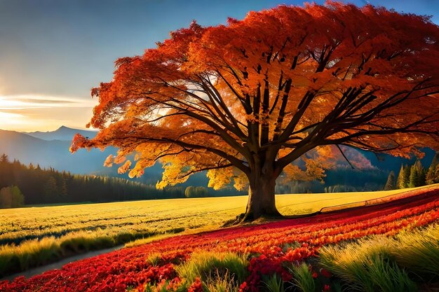 Un hermoso árbol en un campo de flores rojas.