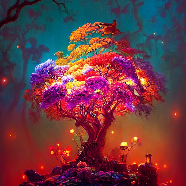 Hermoso árbol floreciente en un jardín encantado, ilustración de fantasía, fondo vívido