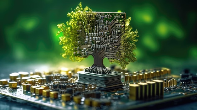 Un hermoso árbol grande que crece en la placa de circuitos de la computadora de microchip que muestra el concepto de negocio digital CSR y ética ESG gestión de residuos Weber de imagen de IA generativa