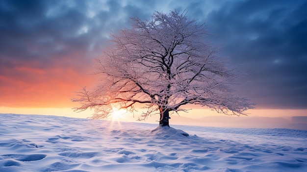 hermoso árbol en invierno a última hora de la tarde en nevadas