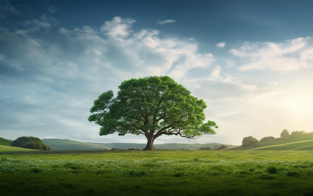 Foto hermoso árbol en el medio de un campo cubierto de hierba con la línea de árboles en el fondo