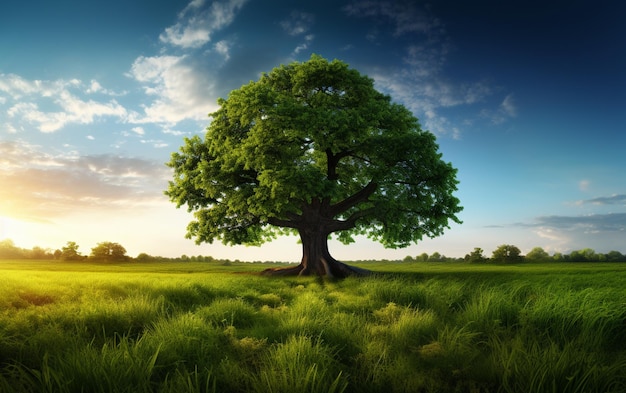 Foto hermoso árbol en el medio de un campo cubierto de hierba con la línea de árboles en el fondo