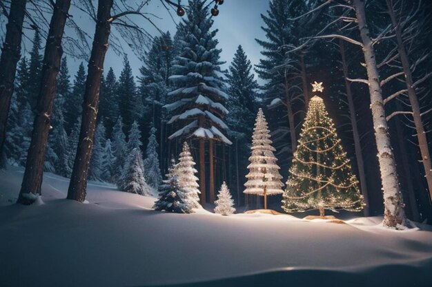 Foto hermoso árbol de navidad en el bosque decorado con juguetes ligeros para las vacaciones de año nuevo géneros ai