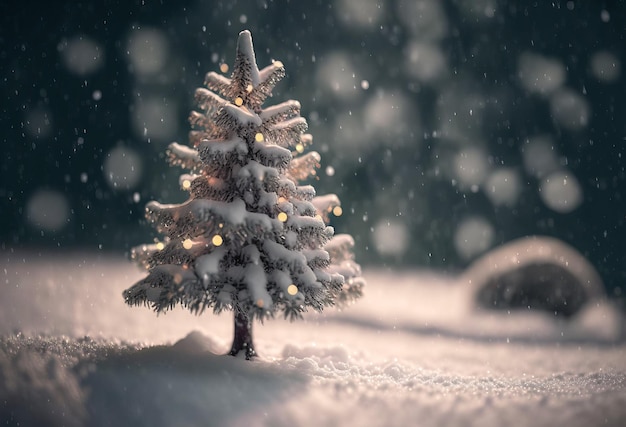 Hermoso árbol de navidad cubierto de nieve con luces festivas brillantes en la noche Paisaje invernal Generativo ai