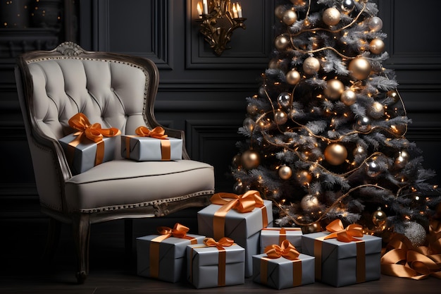 Hermoso árbol de Navidad con decoración en el acogedor interior de la habitación con velas en el sillón y cajas de regalo