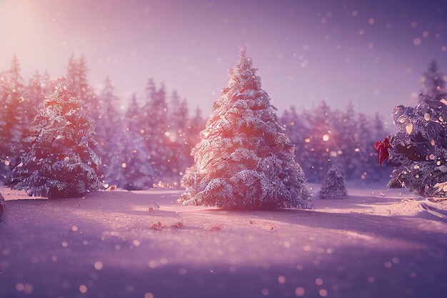 Hermoso árbol de navidad decorado en un paisaje invernal con nieve