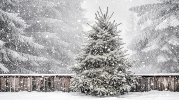 Hermoso árbol de Navidad decorado en un paisaje de invierno frío y nevado