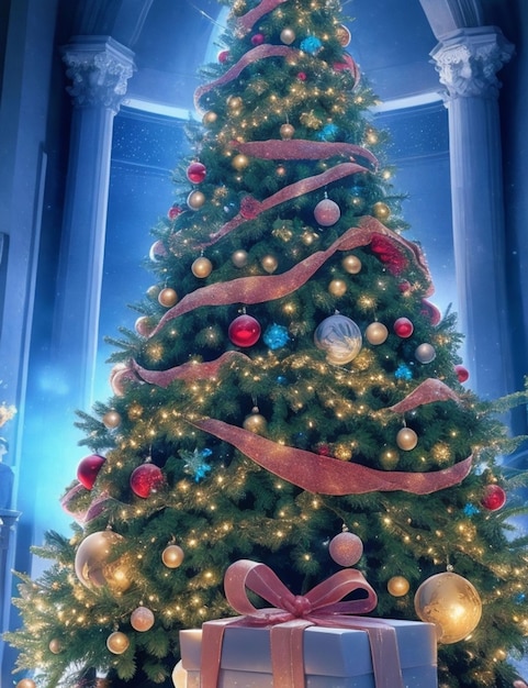 hermoso árbol de Navidad mágico decorado con luces