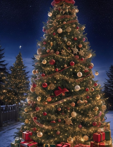 hermoso árbol de Navidad mágico decorado con luces