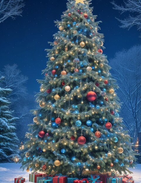 hermoso árbol de Navidad mágico decorado con luces