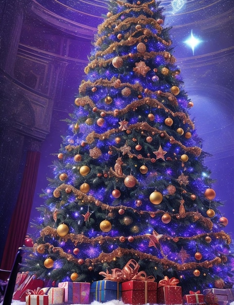 hermoso árbol de Navidad mágico decorado con luces