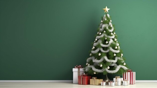 Hermoso árbol de Navidad con regalos cerca de la pared de color de la habitación