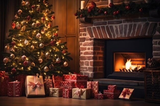 Hermoso árbol de Navidad en una sala de estar decorada en casa regalos de chimenea para niños