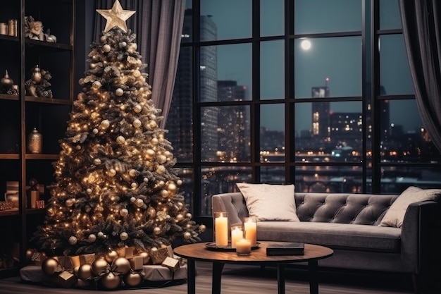 Hermoso árbol de Navidad en una sala de estar decorada interior festivo noche