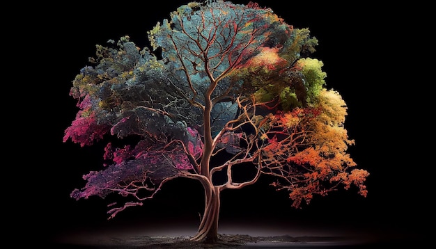 Hermoso árbol de otoño sobre un fondo negro generativo ai