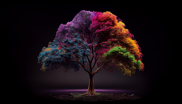 Hermoso árbol de otoño sobre un fondo negro generativo ai