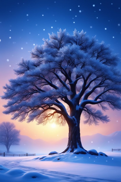 hermoso árbol en el paisaje invernal a última hora de la tarde en la ilustración de arte digital nevadas