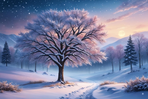 hermoso árbol en el paisaje invernal a última hora de la tarde en la ilustración de arte digital nevadas