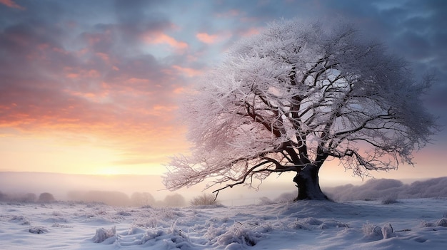 hermoso árbol en el paisaje invernal a última hora de la tarde en nevadas