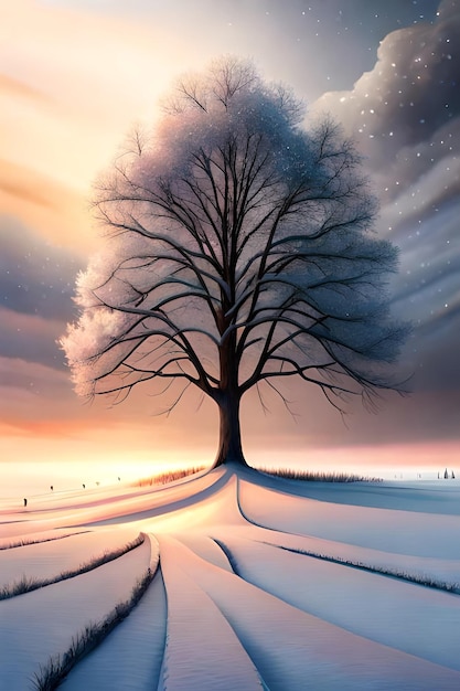 hermoso árbol en el paisaje invernal a última hora de la tarde en la pintura de ilustración de arte digital nevadas