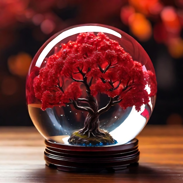 un hermoso árbol rojo dentro de una bola de cristal luz solar un hermoso paisaje AI