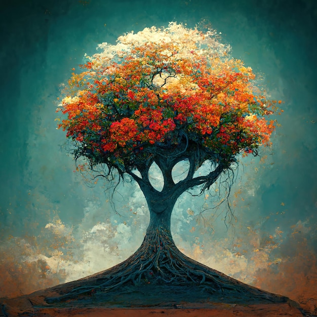 Hermoso árbol de la vida símbolo sagrado Individualidad prosperidad y crecimiento concepto 3D ilustración