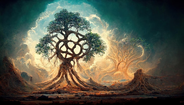 Hermoso árbol de la vida símbolo sagrado Individualidad prosperidad y crecimiento concepto Arte digital