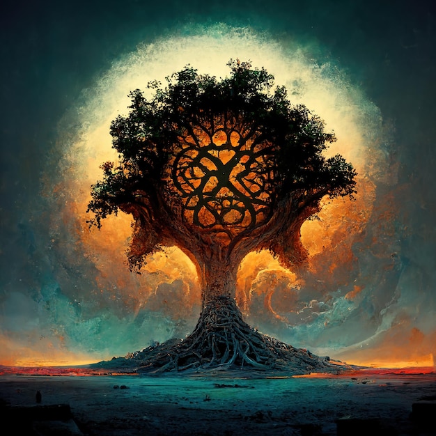 Hermoso árbol de la vida símbolo sagrado Individualidad prosperidad y crecimiento concepto Arte digital