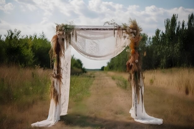 Hermoso arco de boda estilo bohemio con revestimiento de estudio de tela de gasa delicada